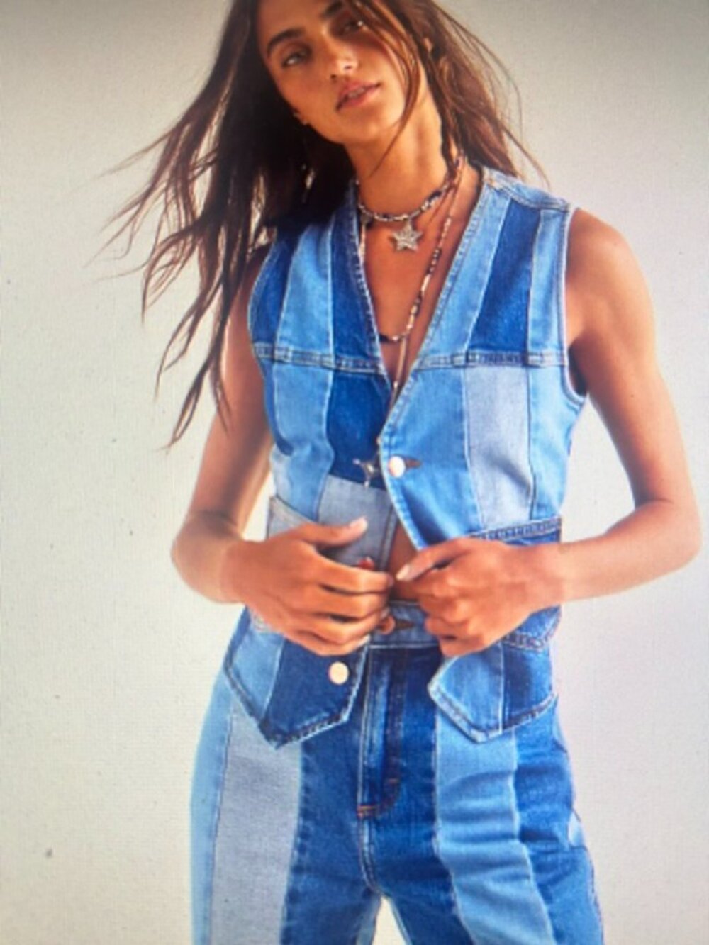 Wrangler x Lainey Wilson FPPatchwork Blue Denim Fitted V Neck Boho Western Vest